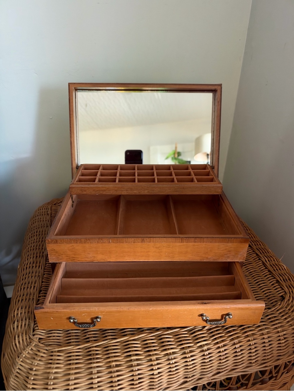 Vintage Wooden Jewelry Box Organizer with Mirror and Drawer